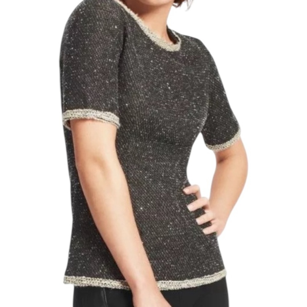 CAbi Black/Grey Tweed "CoCo" Short Sleeve Scoop Neck Knit Top #542 S